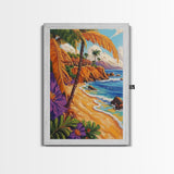 Tropical Beach, Huts, Framed Canvas Print, Island paradise artwork, palm tree coastal decor, bathroom or entryway art, boho summer scene