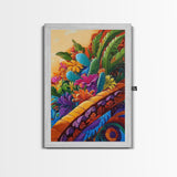 Fiesta Garden, Cactus Flowers, Bright Patio, Mexican Blooms, Framed Canvas Print, Kitchen Wall Art, boho floral decor, folk charm