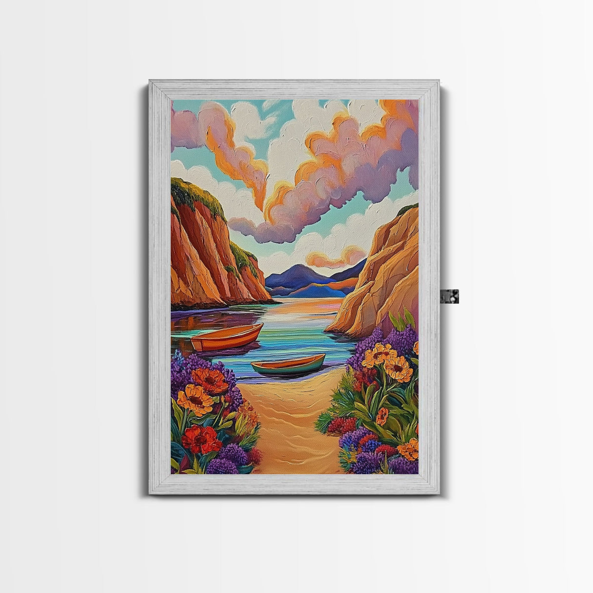 Sunset Boats, Tranquil Cove, Coastal Wall Decor, Framed Canvas Print, Beach House Art, Pastel Sky Painting, Colorful Nautical Art