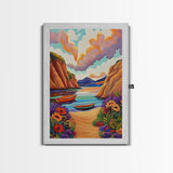 Sunset Boats, Tranquil Cove, Coastal Wall Decor, Framed Canvas Print, Beach House Art, Pastel Sky Painting, Colorful Nautical Art