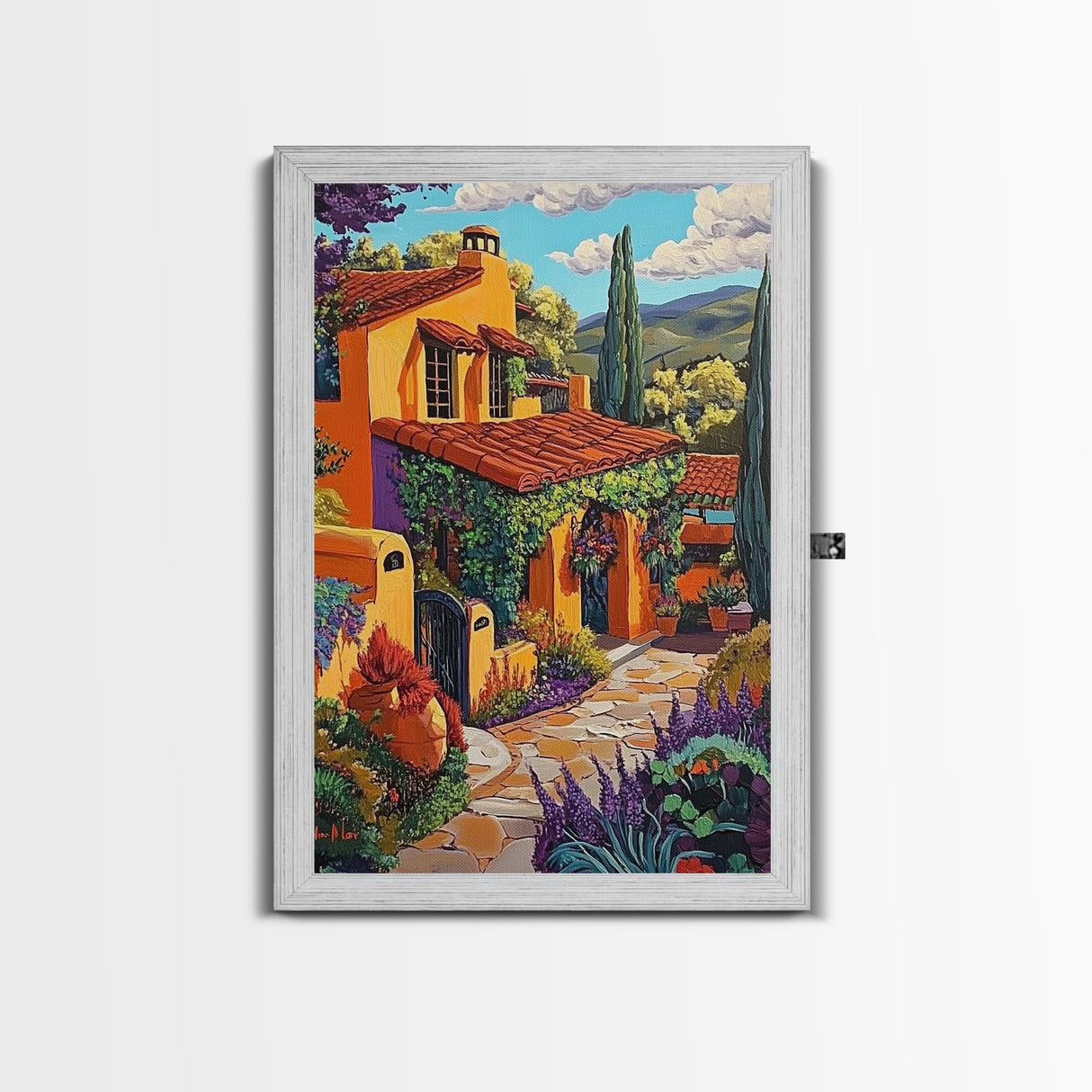 Spanish Villa, Rustic Path, Mediterranean Home Decor, Framed Canvas Print, Warm Color Art, Living Room Wall Art, Autumn Architecture Style