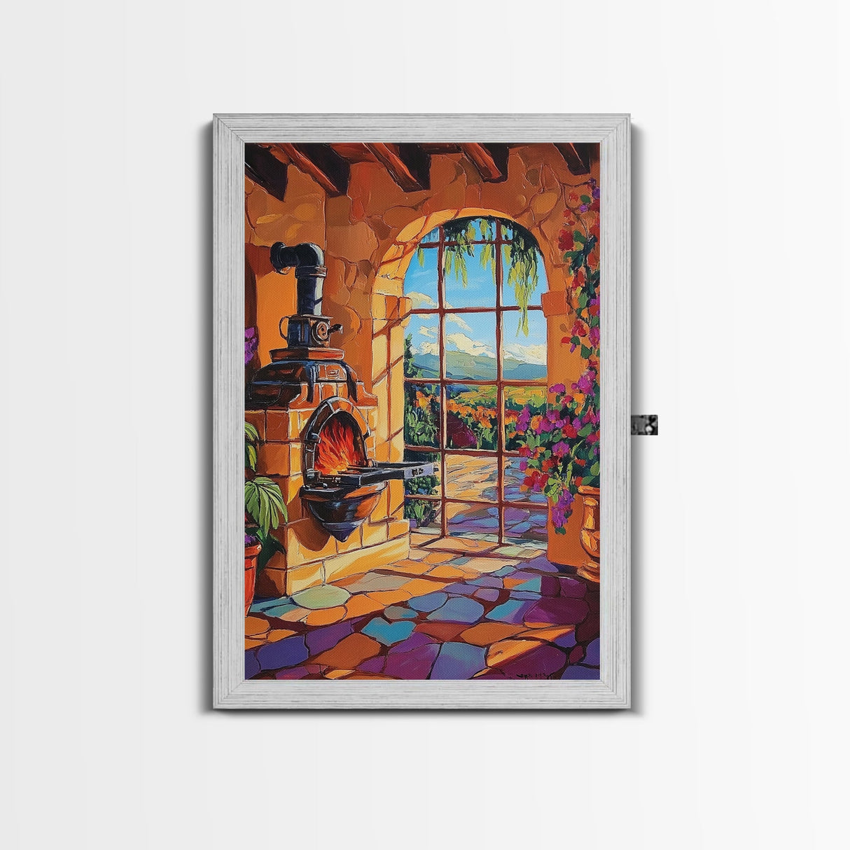 Fireplace View, Warmth, Canvas Print, Rustic Tuscany kitchen wall art, warm cozy interior, country boho style, Mediterranean home decor