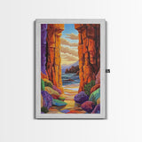 Hidden Cove, Rocky Entry, Ocean View, Sunset Moment, Framed Canvas Print, Bedroom Wall Art, Seaside Fantasy, Desert Coastal Decor