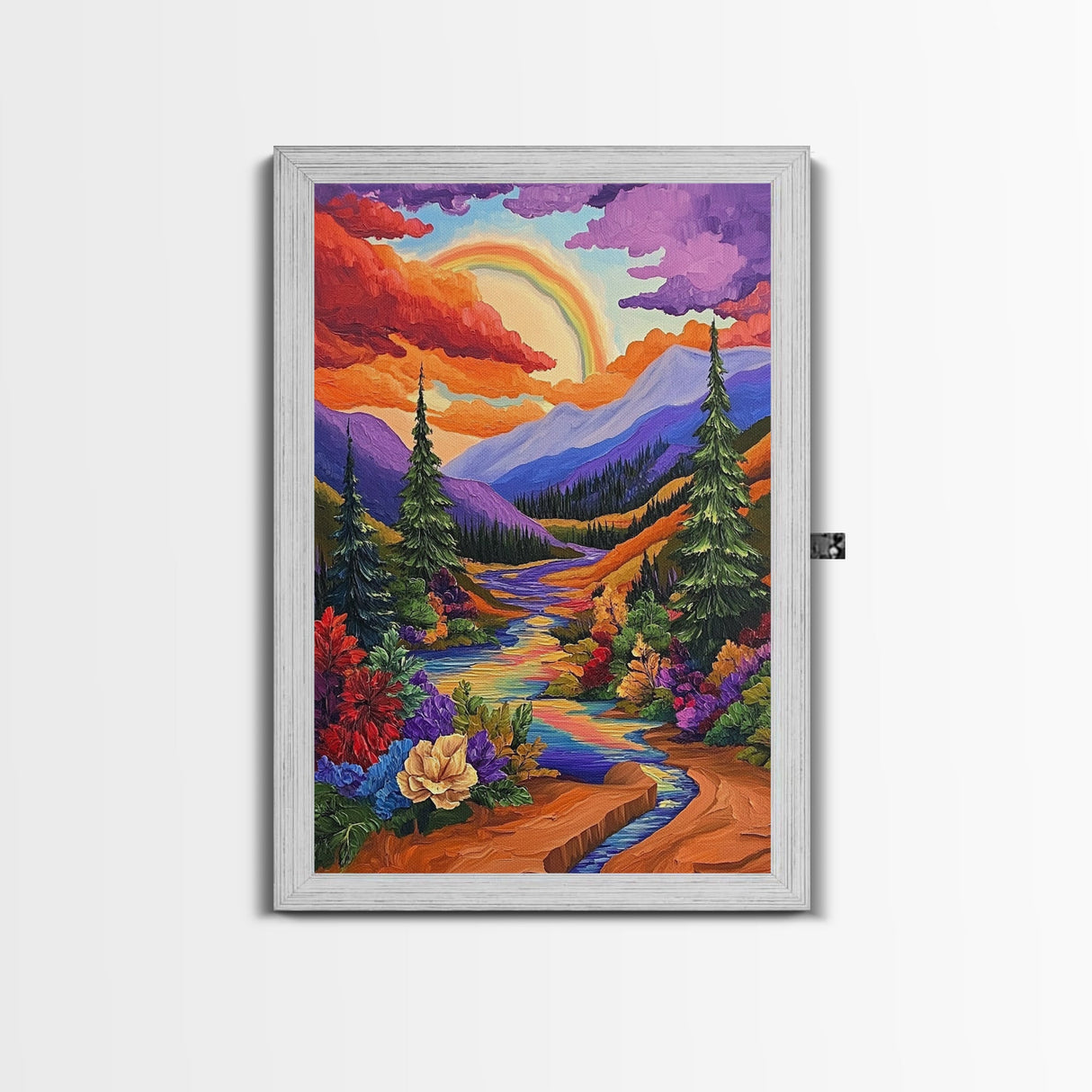 Rainbow Over Mountains, Sunset Pine Forest, Vibrant Landscape, Framed Canvas Print, Kids Room Art, Uplifting Boho Style Wall Decor