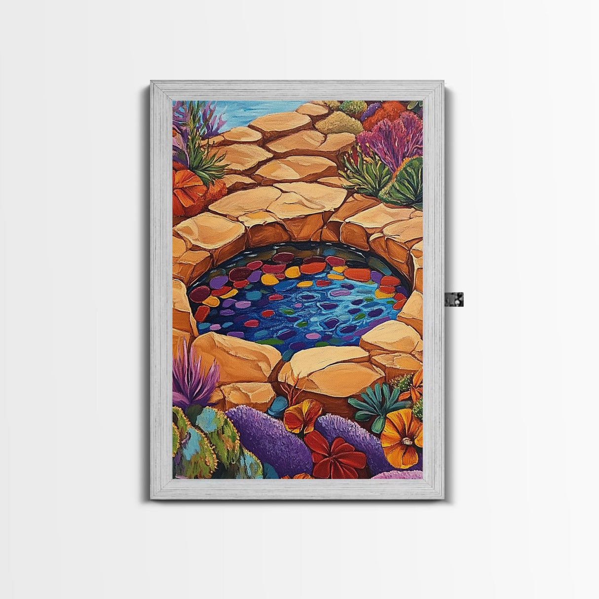 Stone Pool Oasis, Desert Garden Art, Colorful Rock Pond Scene, Framed Canvas Print, Bathroom Wall Decor, Bohemian Nature Art