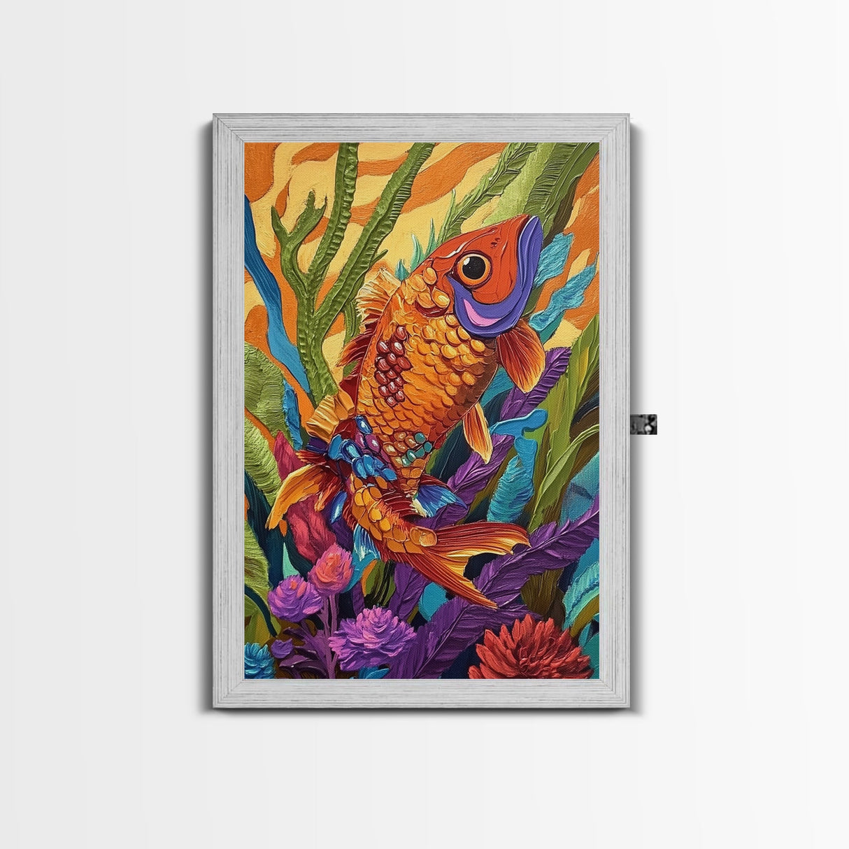 Bold Colorful Fish Art, Framed Canvas Print, Underwater wall decor, boho ocean art, tropical fish painting, bathroom wall art