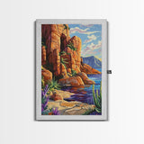 Desert Cliffside, Ocean View, Nature Painting, Colorful Landscape, Living Room Wall Art, Framed Canvas Print, Southwest Home Decor