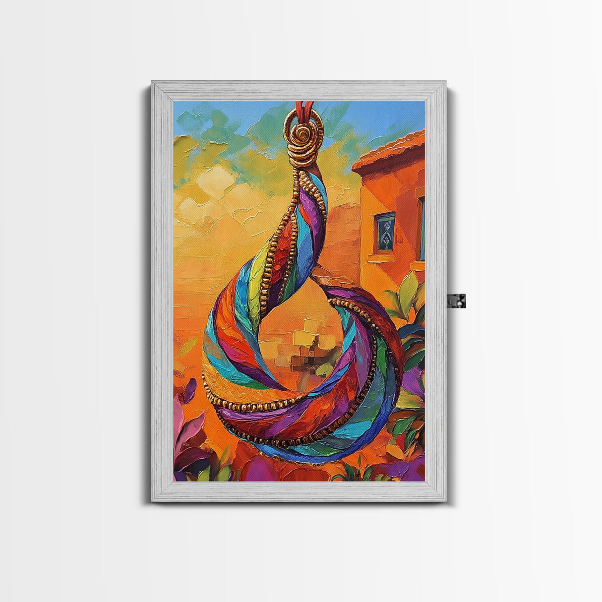 Colorful Pendant, Abstract Jewelry, Bohemian Style, Artistic Decor, Warm Sunset Tones, Bedroom Wall Art, Framed Canvas Print