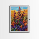 Wildflower Field, Autumn Leaves, Mountain Sunset, Earth Tones, Fall Botanical Art, Living Room Wall Art, Framed Canvas Print