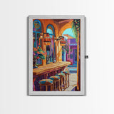 Wine Bar Scene, Cozy Bistro, Mediterranean Patio, Colorful Bar Decor, Kitchen Wall Art, Eclectic Style, Framed Canvas Print