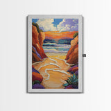 Golden Beach, Sunset Cliffs, Vibrant Ocean Art, Coastal Escape, Fall Color Palette, Canvas Print, Bedroom Wall Art, Tranquil Style