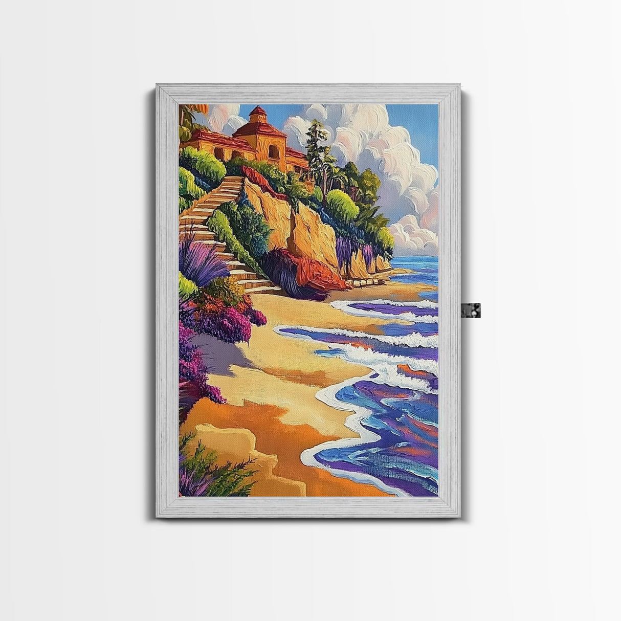 Seaside Villa, Cliffside Beach, Coastal Home Art, Warm Summer Scene, Mediterranean Decor, Canvas Print, Dining Room Wall Accent