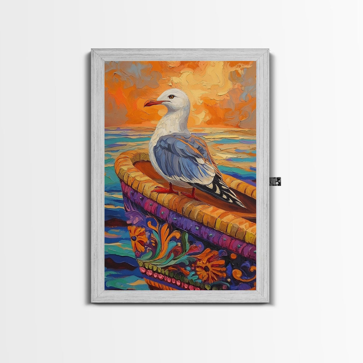Seagull View, Coastal Bird, Sunset Sky, Ocean Perch, Framed Canvas Print, nautical bird art, hallway wall decor, seagull boho art