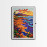 Vibrant Beach Sunset, Ocean Waves, Tropical Coastline, Coastal Landscape, Framed Canvas Print, Living Room Wall Art, Colorful Beach Art