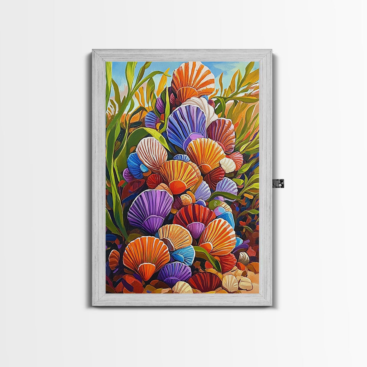 Rainbow Seashells, Coastal Treasures, Ocean Shell Art, Beach Decor, Framed Canvas Print, Bathroom Wall Art, Nautical Boho Art
