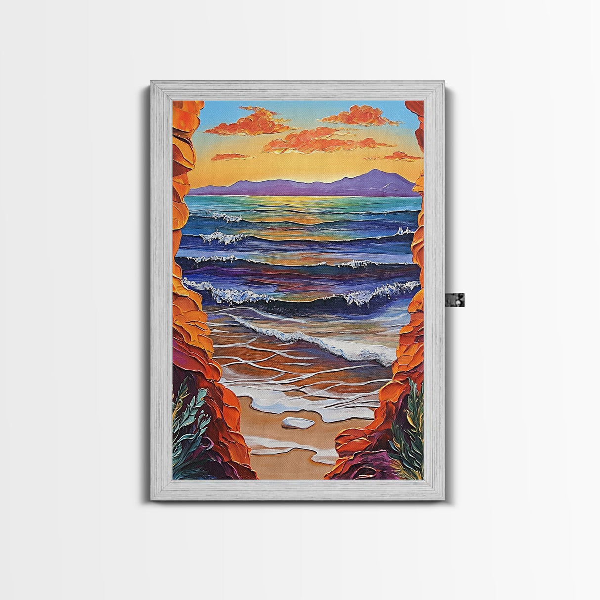 Ocean Horizon, Cliffside View, Sunset Waves, Peaceful Seascape, Framed Canvas Print, Living Room Wall Art, Beach Window View