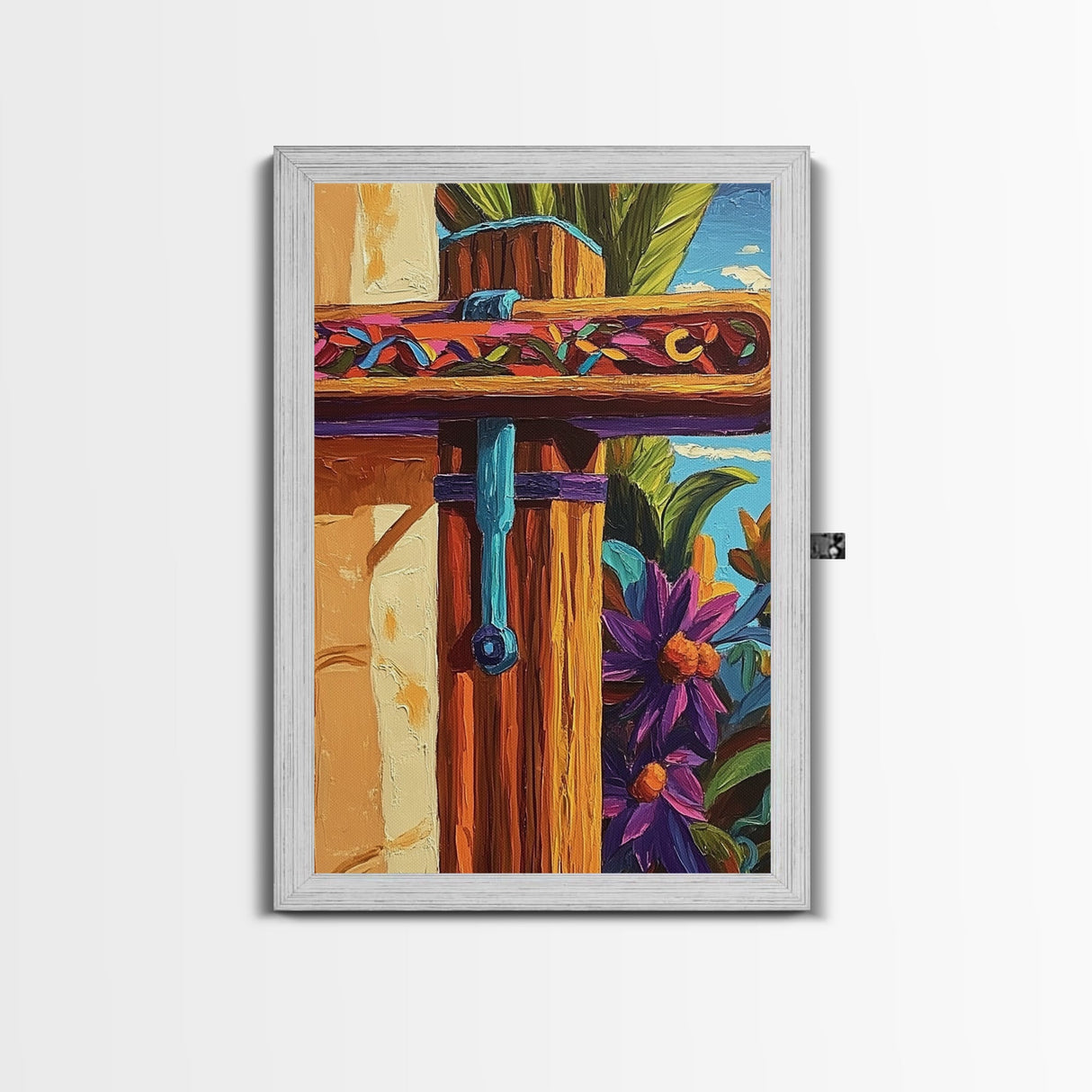 Tropical Rustic Detail Painting, Framed Canvas Print, Coastal patio wall decor, boho island house art, summer wall accent