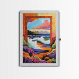 Ocean Frame, Crashing Waves, Surreal Seascape, Floral Shoreline, Framed Canvas Print, Coastal Wall Art, Bathroom Decor, Dreamy Beach Art