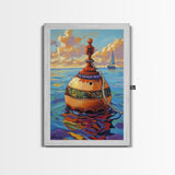 Buoy Ocean Sailboat Painting, Framed Canvas Print, Nautical boho decor, beach home wall art, coastal sunset colors, lakehouse vibe