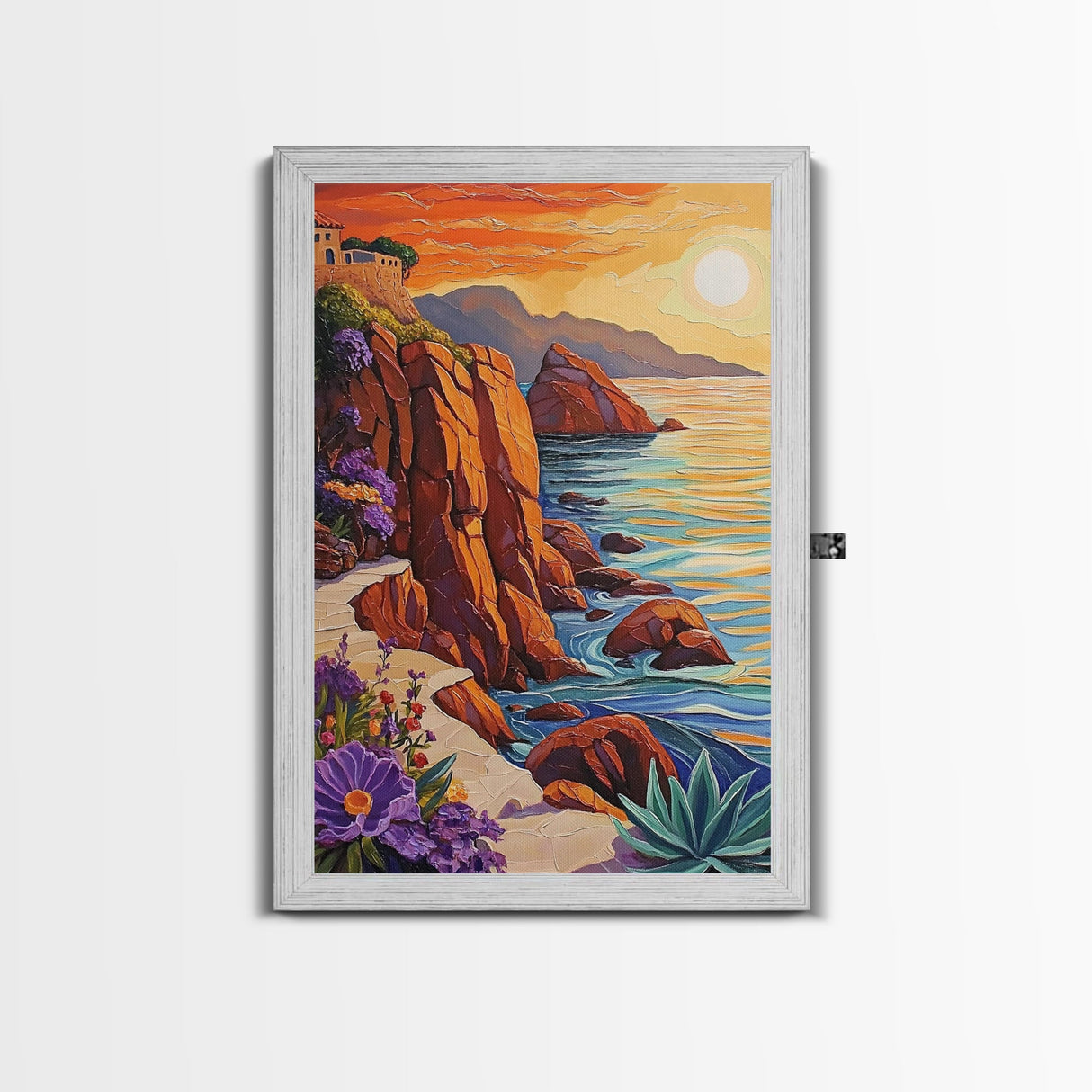 Sunset Coast, Rocky Shore, Ocean Glow, Golden Hour, Framed Canvas Print, Living Room Wall Art, Nature Landscape Decor, Coastal Fall Artwork