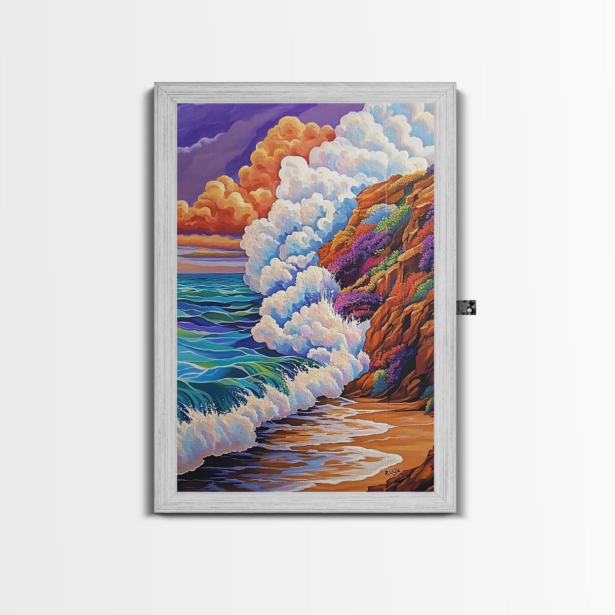 Ocean Wave, Sunset Sky, Rocky Coast, Vibrant Sea — Framed Canvas Print beach wall decor, colorful ocean art, coastal living room wall art