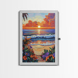 Tropical Beach, Sunset Waves, Lush Florals, Orange Glow — Framed Canvas Print vibrant coastal art, bathroom or bedroom beach decor, boho vibe