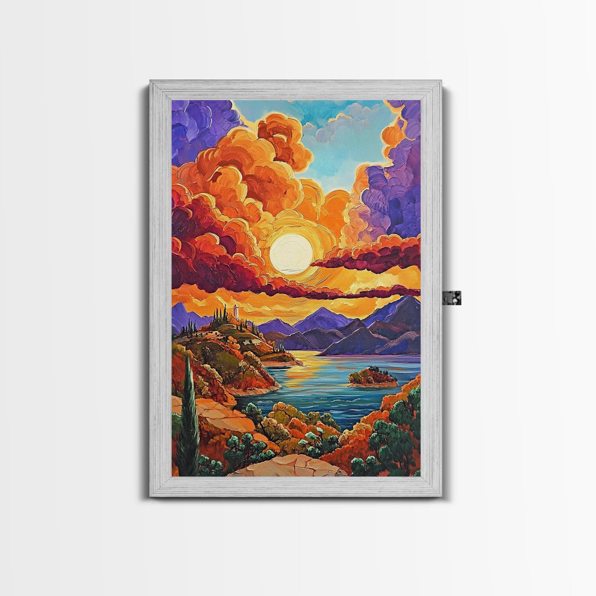Golden Sky, Mountain Lake, Sunset Clouds, Vibrant Hills — Canvas Print whimsical nature scene, bold landscape wall decor, cozy Autumn vibe