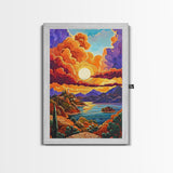 Golden Sky, Mountain Lake, Sunset Clouds, Vibrant Hills — Canvas Print whimsical nature scene, bold landscape wall decor, cozy Autumn vibe