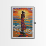Sunset Beach Woman, Ocean Waves Art, Boho Coastal Decor, Tropical Wall Art, Canvas Print, Living Room Accent, Vibrant Beach Scene