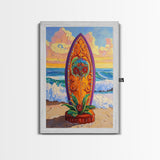 Floral Surfboard Art, Beach Sunset Decor, Tropical Surf Vibe, Canvas Print, Bright Ocean Wall Art, Bathroom Accent, Boho Coastal