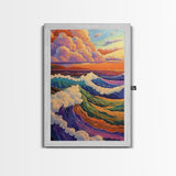 Colorful Ocean Waves, Sunset Surf Art, Rainbow Water Scene, Framed Canvas Print, Coastal Wall Decor, Vibrant Bathroom Art