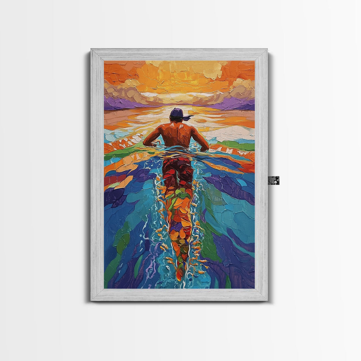 Man Swimming Sunset, Ocean Freedom Art, Tropical Wall Decor, Canvas Print, Bright Water Colors, Bold Bathroom Wall Art