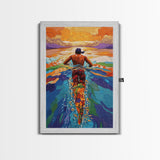 Man Swimming Sunset, Ocean Freedom Art, Tropical Wall Decor, Canvas Print, Bright Water Colors, Bold Bathroom Wall Art