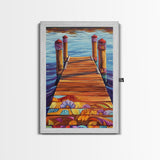 Painted Dock Scene, Vibrant Water Art, Lake House Decor, Canvas Print, Boho Coastal Wall Art, Summer Vibes, Nature Inspired
