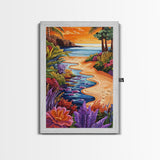 Tropical Beach Path, Sunset Garden Vibes, Colorful Coastal Landscape, Canvas Print, Boho Summer Decor, Bathroom Wall Art