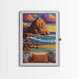 Sunset Beach, Cliffs, Waves, Framed Canvas Print vibrant coastal wall art, beach house decor, ocean cliffs, boho style, living room wall art