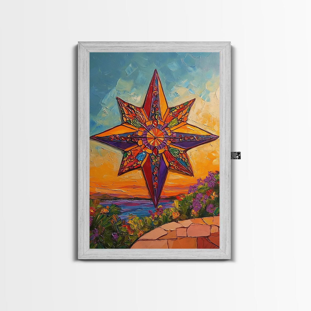 Colorful Starburst Sky, Sunset Mosaic Star Art, Vibrant Landscape Design, Canvas Print, Fall Living Room Decor, Boho Wall Accent