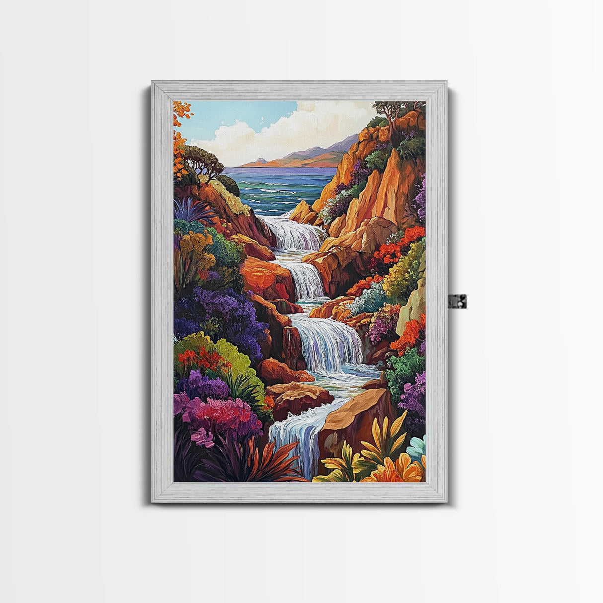 Cascading Falls, Ocean Cliffs, Tropical Flowers, Bold Nature, Framed Canvas Print, Living Room Wall Art, Maximalist Decor, Beach Art