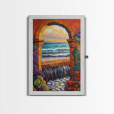 Stone Archway Ocean, Dreamy Seaside Scene, Romantic Sunset Art, Framed Canvas Print, Coastal Entryway Wall Art, Vacation Vibes