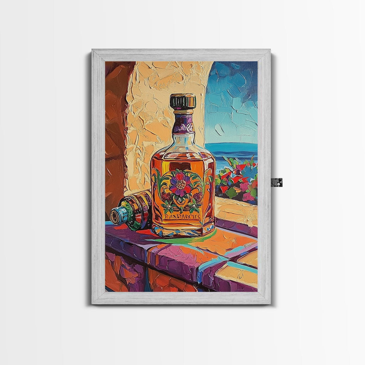 Tequila Bottle, Colorful Spirits, Bar Decor, Still Life, Framed Canvas Print kitchen wall art, Mexican bar art, fiesta rustic painting