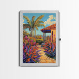 Tropical Path, Palm Trees, Garden Walkway, Vibrant Flora, Framed Canvas Print patio decor, vacation home wall art, coastal impressionist