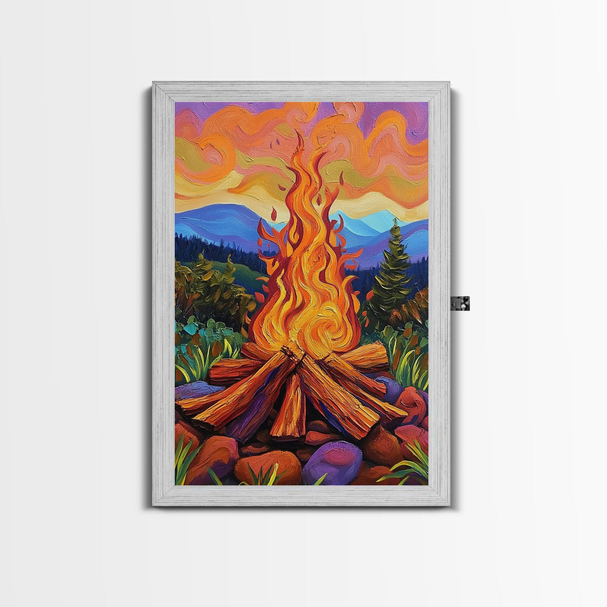 Flames Forest, Dusk, Firelight, Framed Canvas Print rustic bonfire wall art, forest painting, Autumn cabin decor, cozy living room wall art