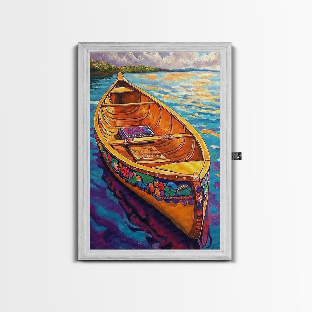 Canoe Tranquil, Reflection, Water, Canvas Print, vibrant lake, boat painting, colorful water art, lakehouse decor, boho bedroom wall art