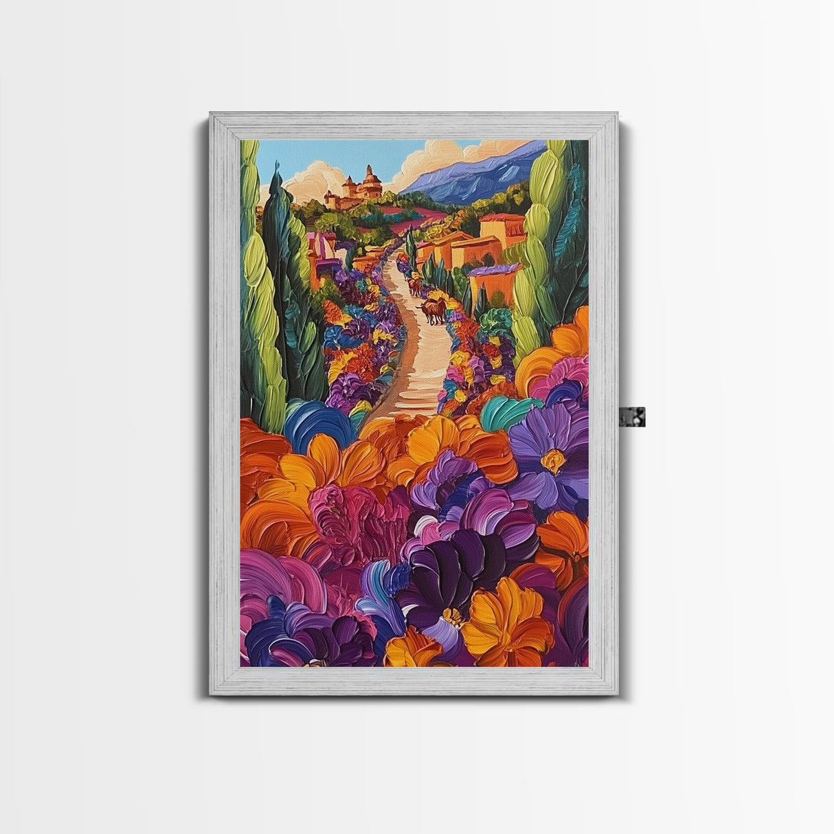 Village Flowers Path, Scenic Country Road Painting, Framed Canvas Print, Whimsical Boho Art, Kitchen Wall Decor, Mediterranean Style