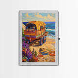 Wagon Ocean, Boho, Beach Scene With Hat Art, Framed Canvas Print, Eclectic Living Room Wall Art, Summer Coastal Decor, Vibrant Colors