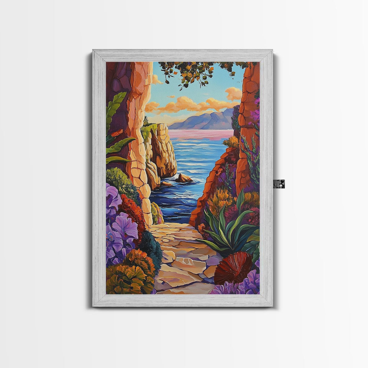 Pathway Ocean, Archway, Colorful Coastal View, Framed Canvas Print, Bohemian Hallway Art, Tropical Escape Decor, Vibrant Travel Scene