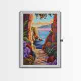 Pathway Ocean, Archway, Colorful Coastal View, Framed Canvas Print, Bohemian Hallway Art, Tropical Escape Decor, Vibrant Travel Scene