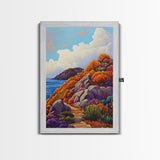 Autumn Cliffside, Trail, Ocean, Framed Canvas Print, fall coastal landscape, boho mountain decor, bold colors, seasonal Living Room art