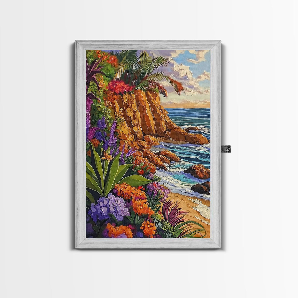 Tropical Coast, Flowers, Waves, Framed Canvas Print vibrant beach cliff wall art, coastal botanical boho decor, Living Room Wall Art