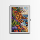 Tropical Coast, Flowers, Waves, Framed Canvas Print vibrant beach cliff wall art, coastal botanical boho decor, Living Room Wall Art
